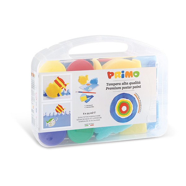 Temperové barvy PRIMO, dárková sada 6 x 44 ml + 7 pomůcek, PP box