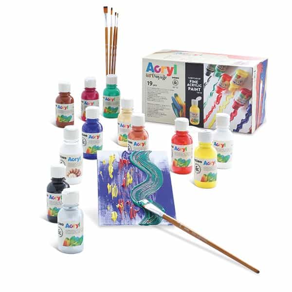 Akrylové barvy PRIMO, set 12 x 125 ml + 2x plátno + 5 štětců